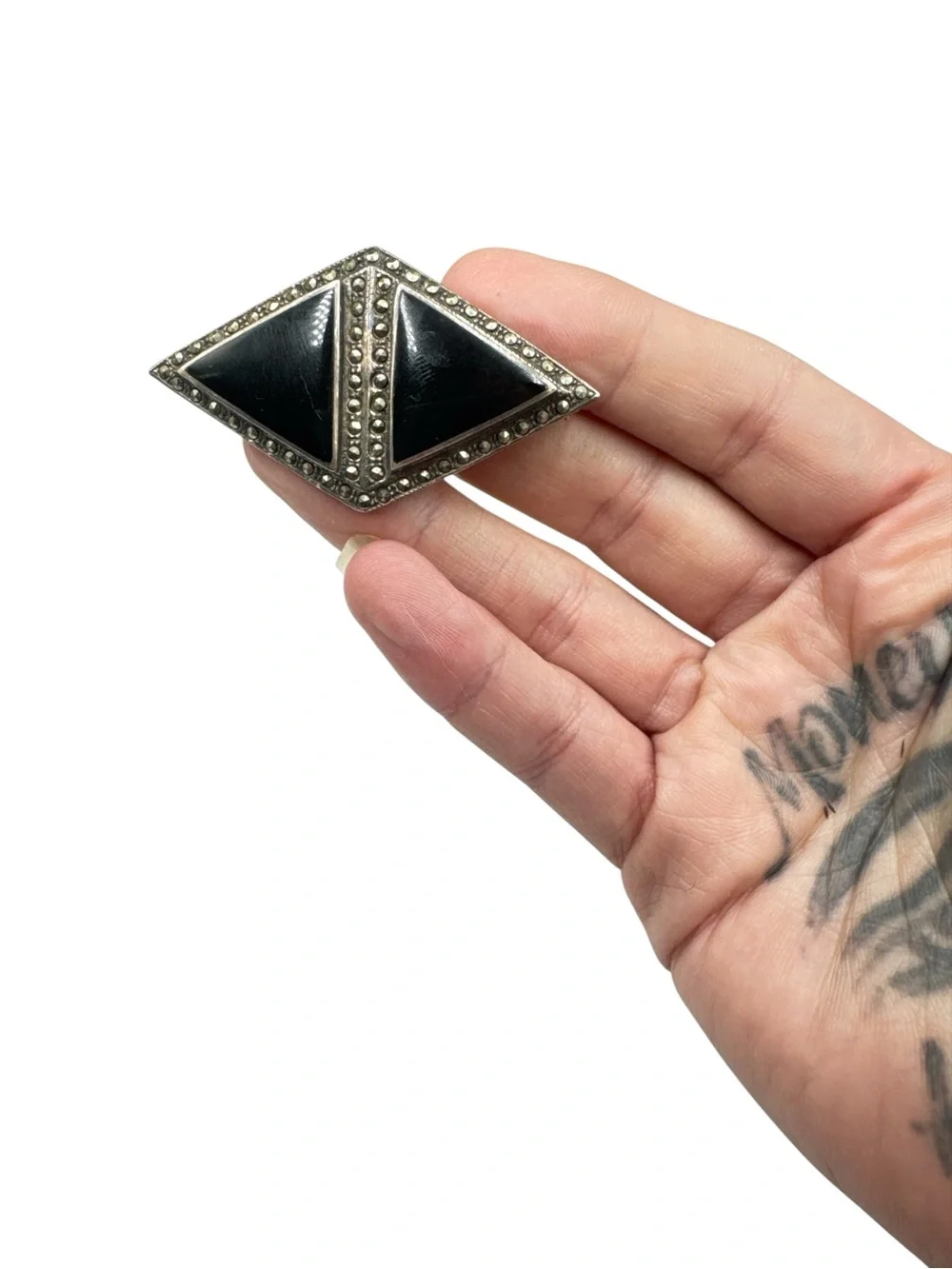 Vintage Sterling Silver Black Onyx Marcasite Brooch 2.25” Art Deco Sterling